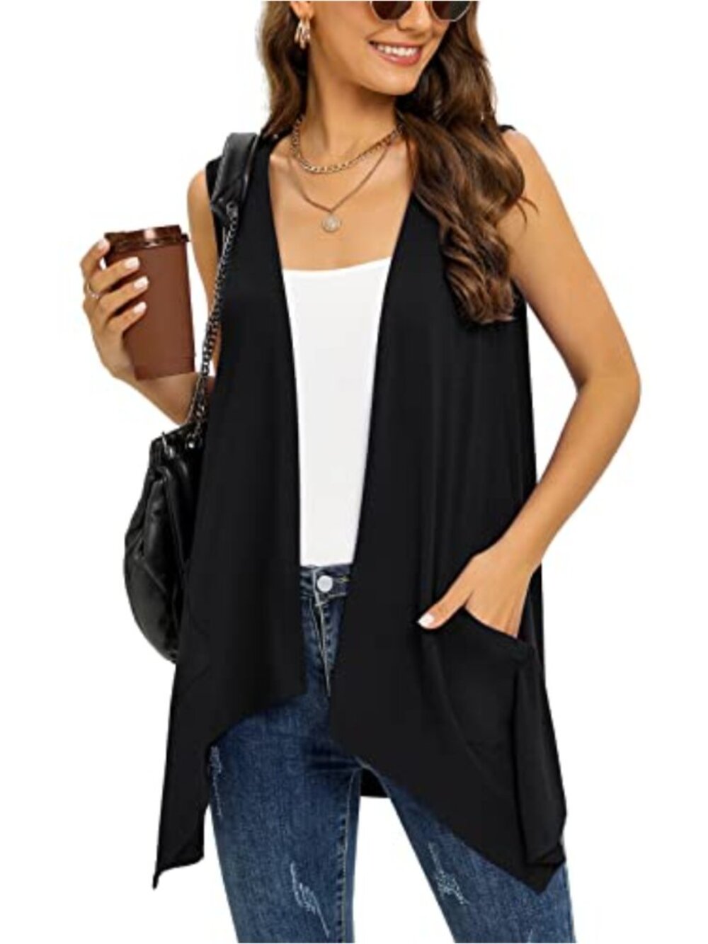 Lightweight Sleeveless Cardigan Vest with Pockets High Low Hem Open Front